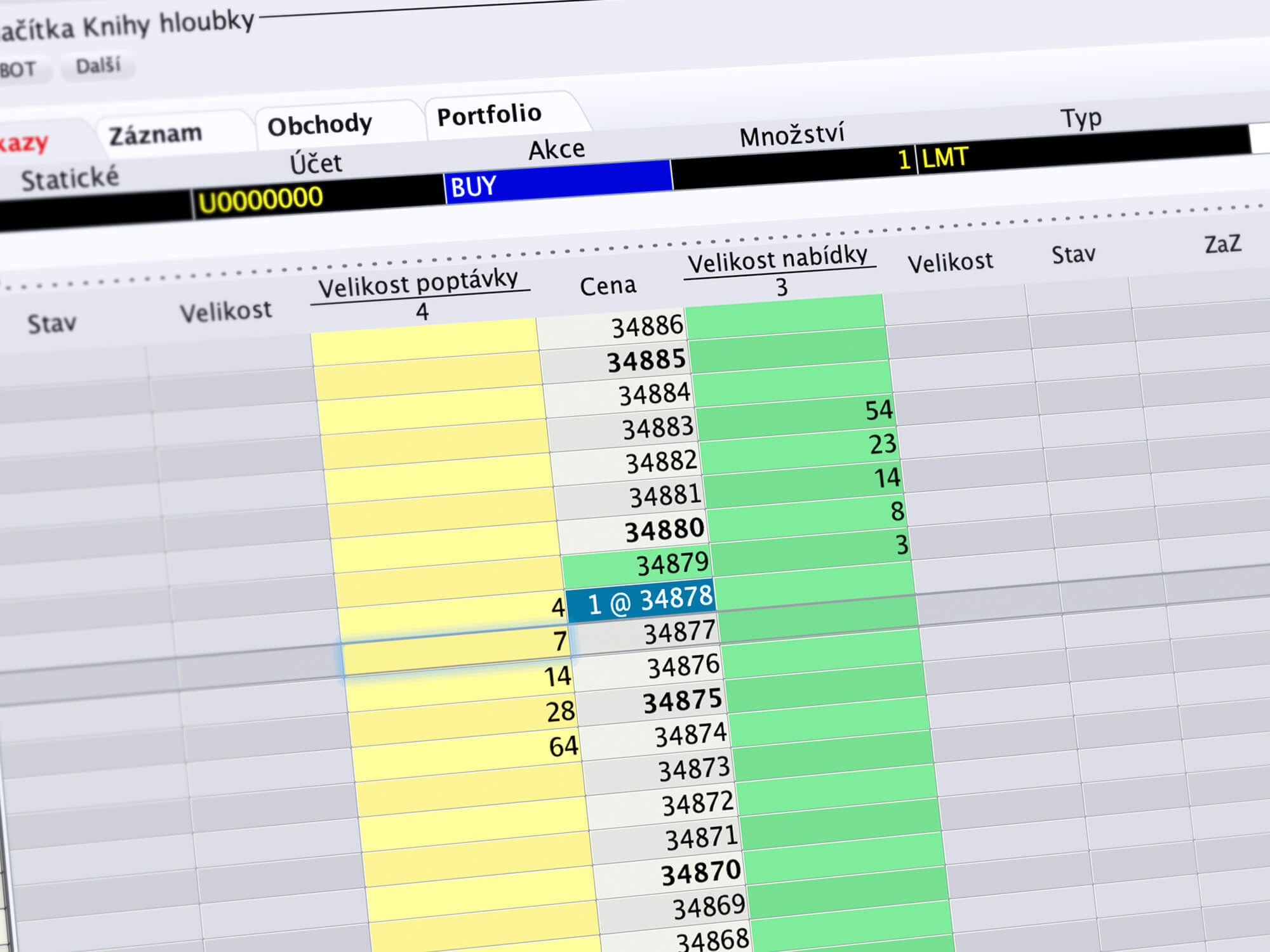 Obchodní nástroj BookTrader s hloubkou i cenami na straně nabídky i poptávky