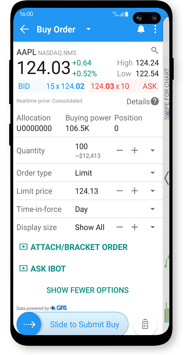 Obchodní aplikace LYNX Trading se zadaným limitním příkazem na nákup akcie AAPL na mobilním zařízení s Android