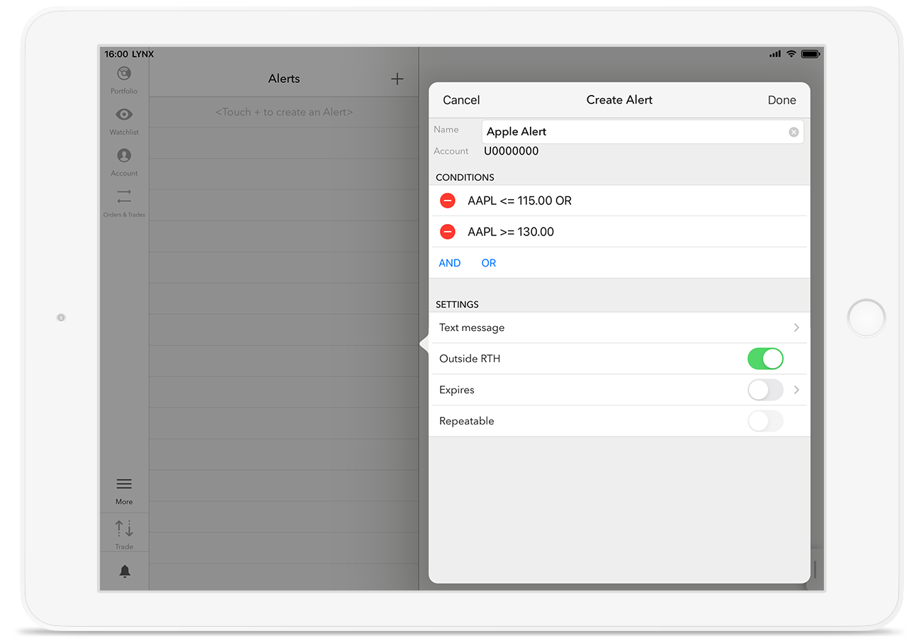 iPad a upozornění na cenový pohyb akcie Apple v obchodní platformě LYNX Trading