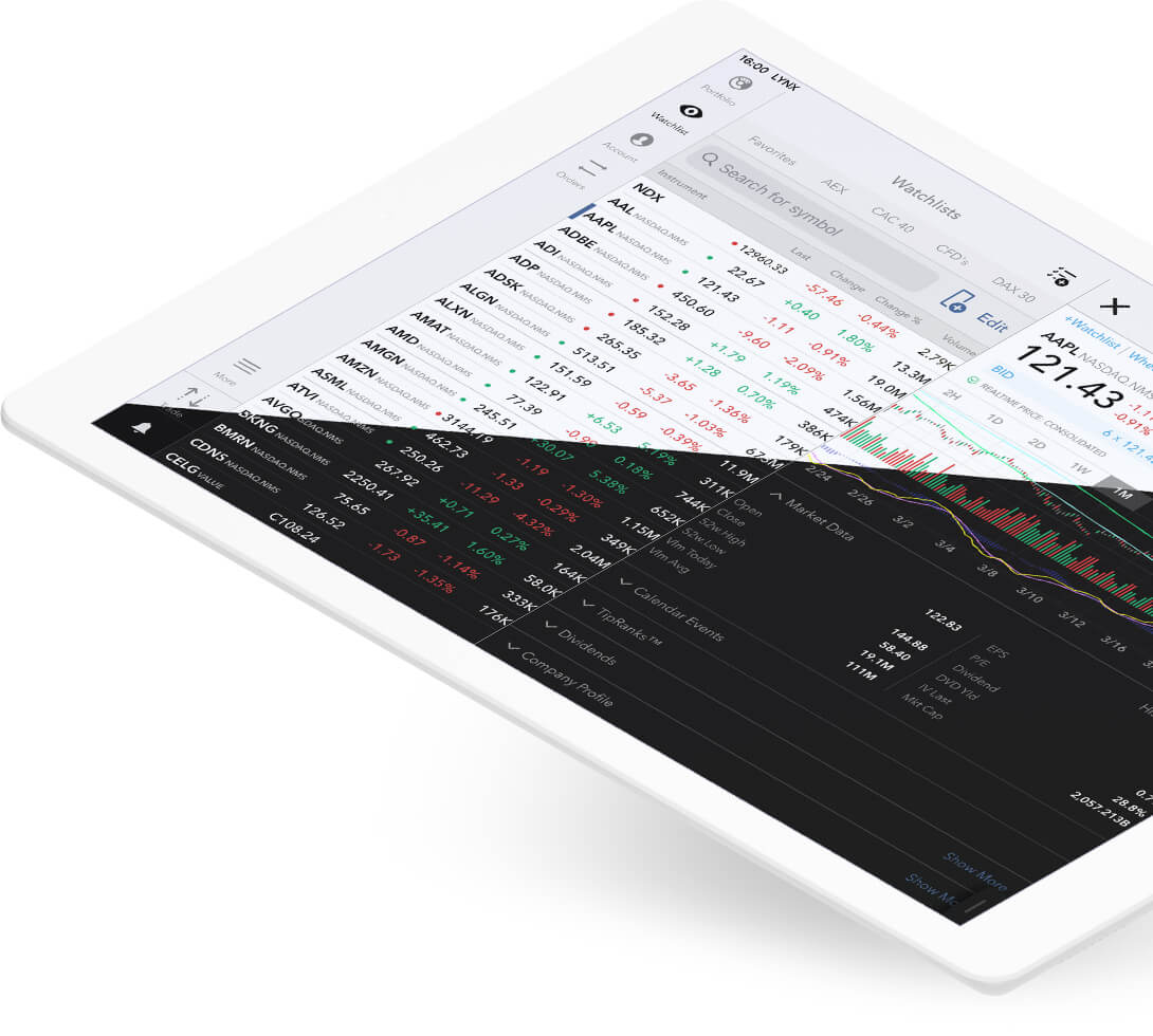 iPad s otevřenou obchodní platformou LYNX Trading na detailu akcie Apple