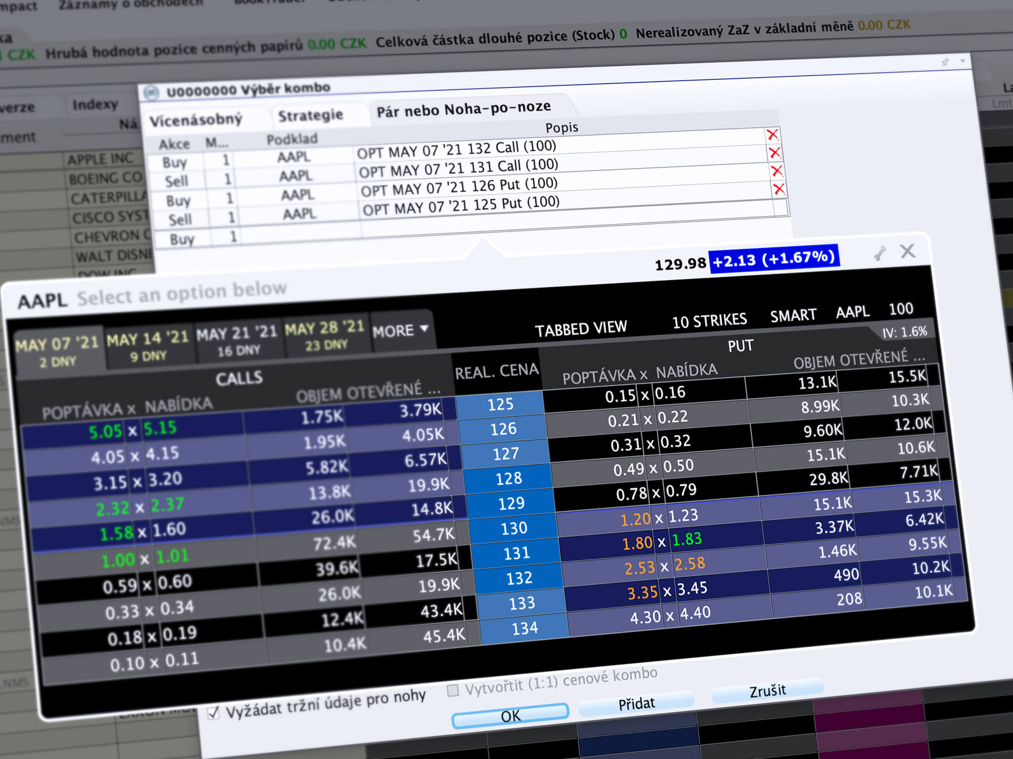 Nástroj ComboTrader a zadávání opční kombinace