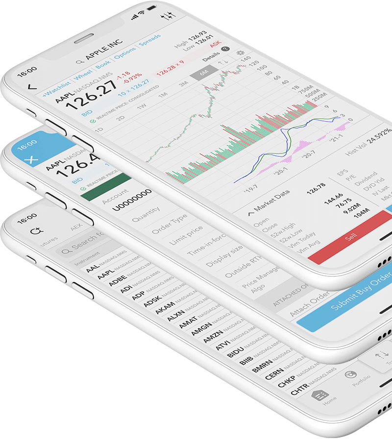 Mobilní zařízení s obchodní aplikací LYNX Trading a cenovým grafem akcie Apple