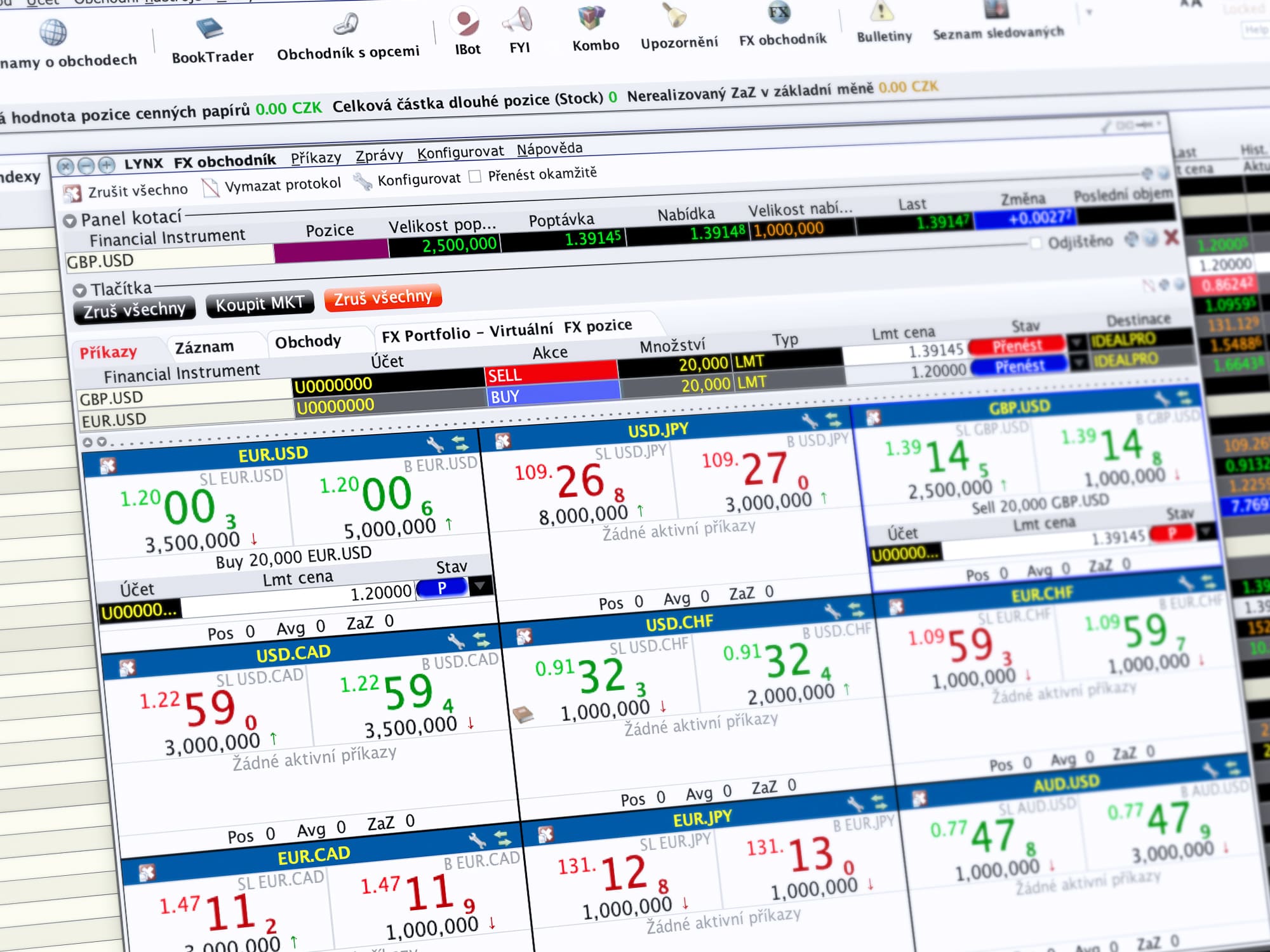 Ukázka obchodování v LYNX TWS prostřednictvím nástroje FX Trader