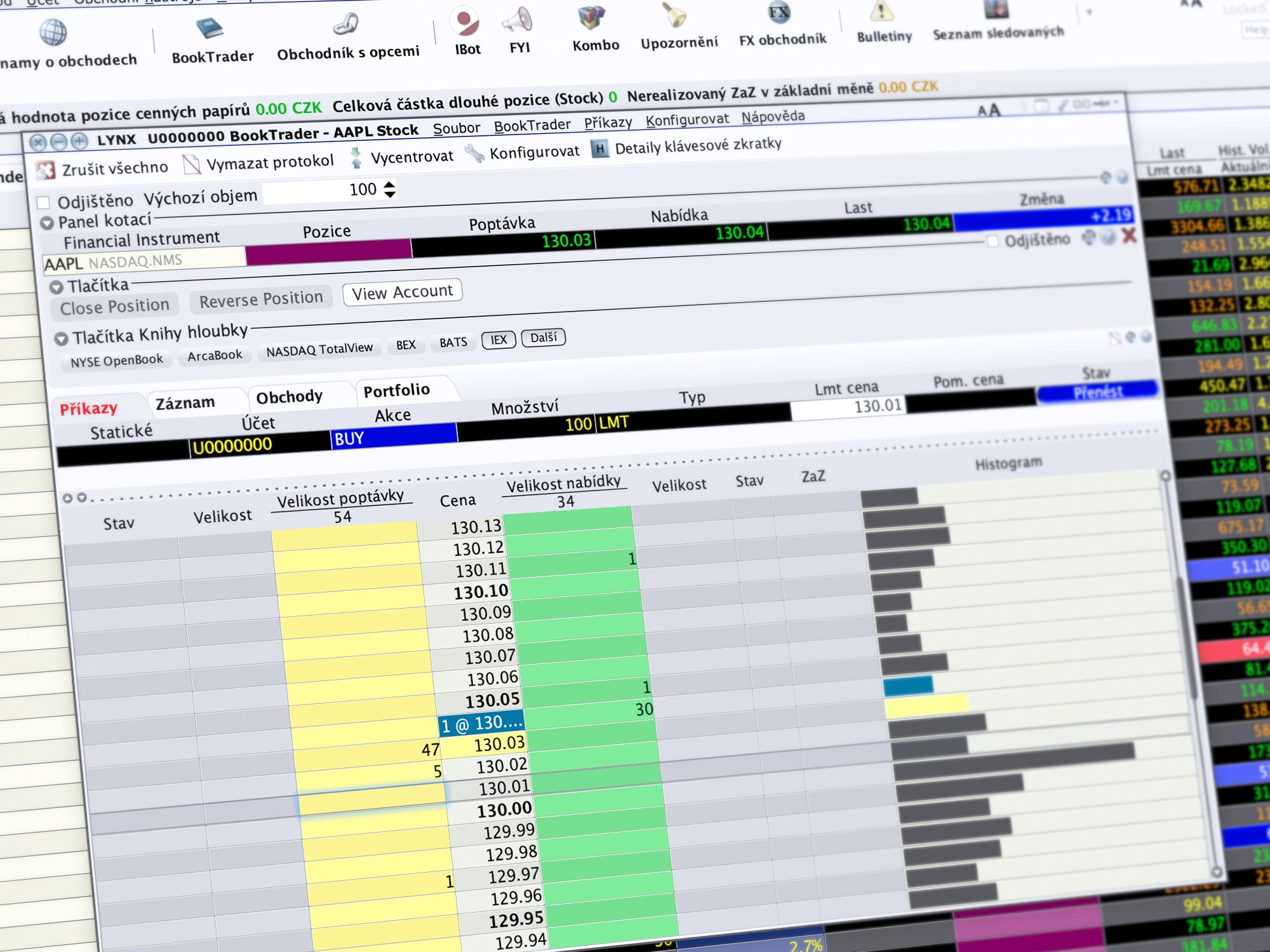 Ukázka obchodování v TWS prostřednictvím nástroje Booktrader