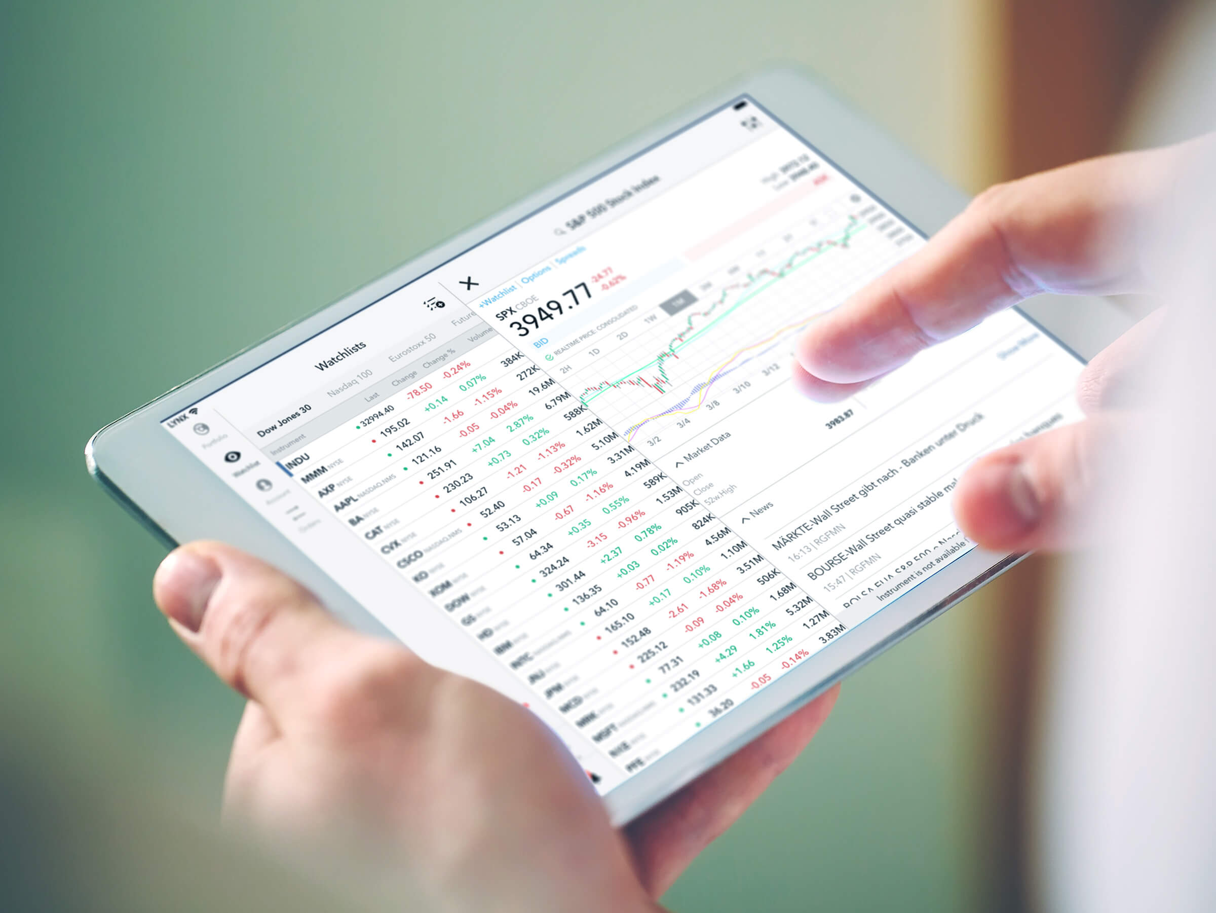 Obchodní platforma LYNX Trading s cenovým grafem akcie na zařízení iPad