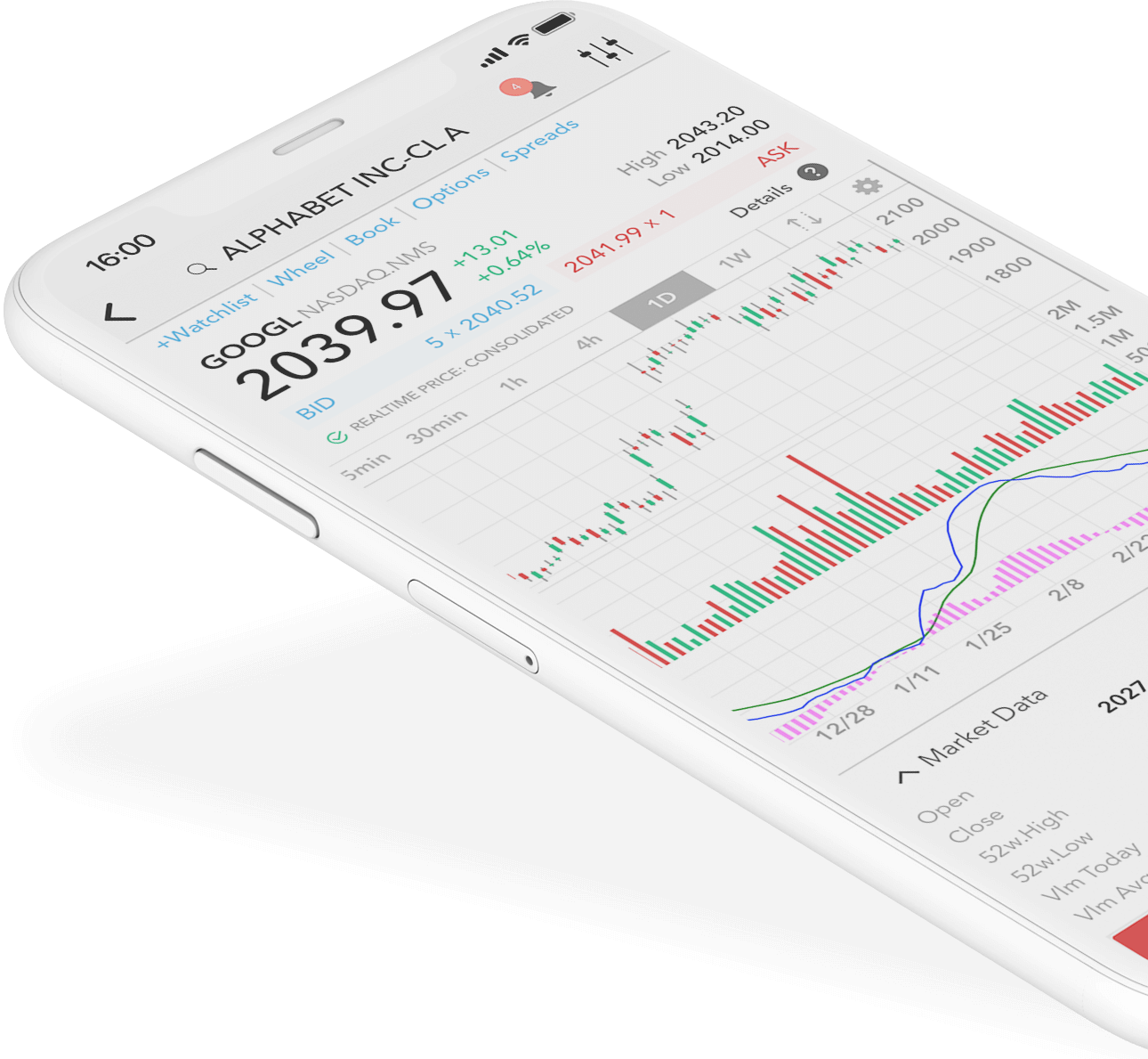 Smartphone s aplikací LYNX Trading a cenovým grafem akcie Alphabet