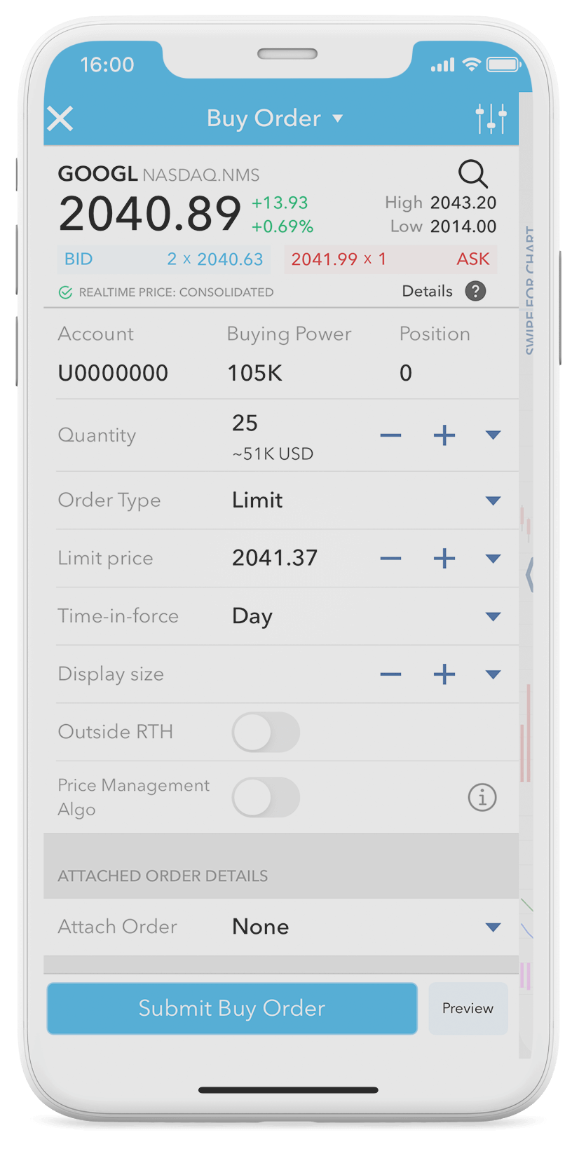 Mobilní telefon s aplikací LYNX Trading a zadaným limitním obchodním příkazem