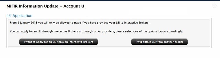 Potvrzovací okno LEI žádosti, kde se rozhodnete zda zažádat u IB nebo jiného brokera