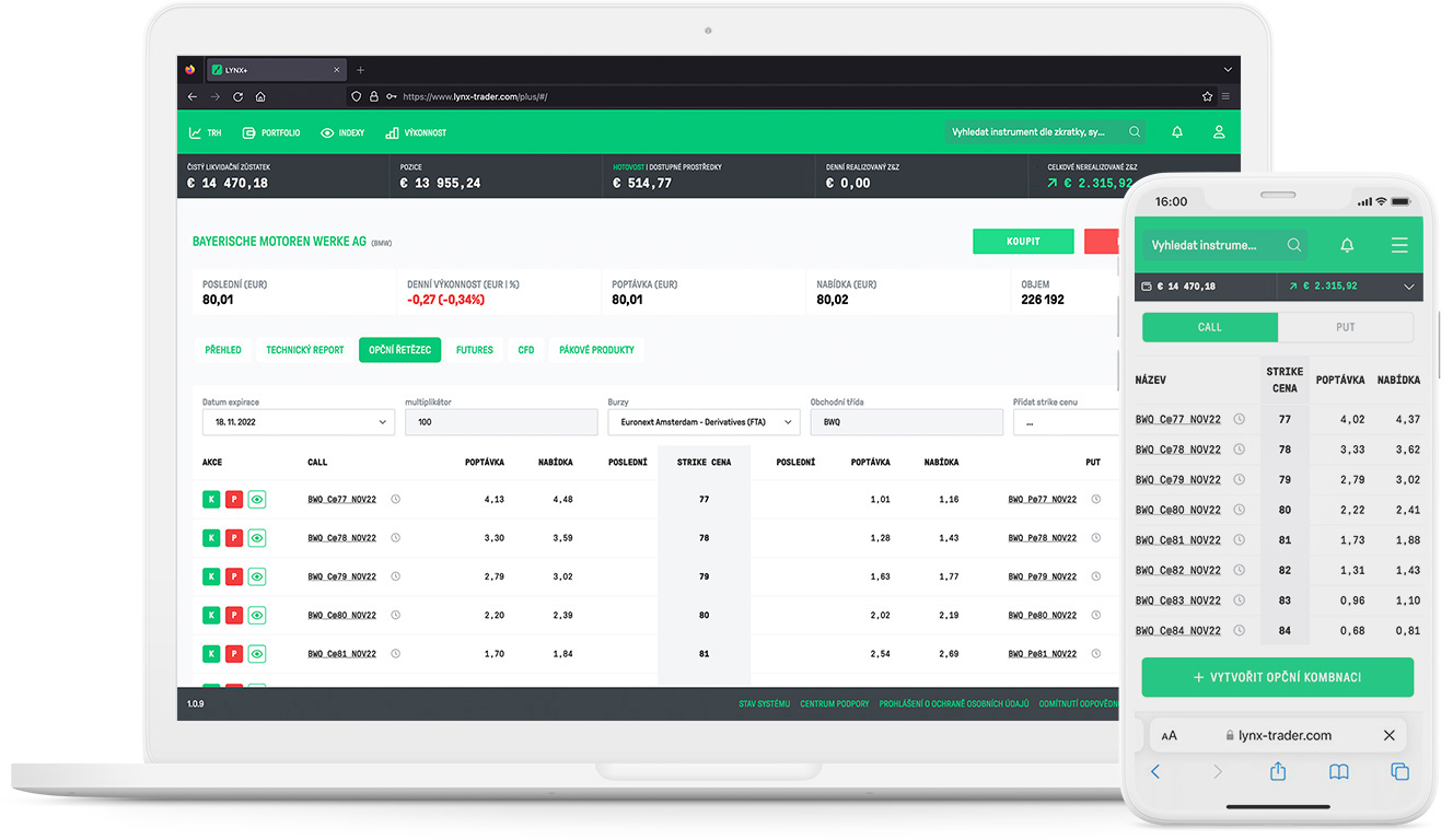 Detail obchodní platformy LYNX+ umožňující zadávání opčních kombinací a spreadů