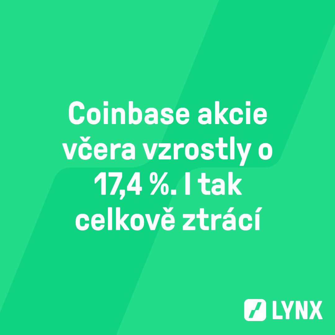 Coinbase akcie včera vzrostly o 17,4 %. I tak celkově ztrácí