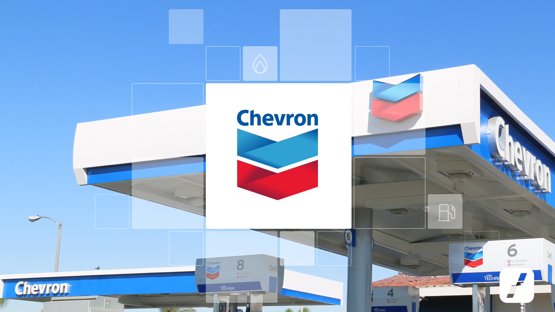Obchodujte akcie Chevron prostřednictvím LYNX Akcie Chevron: Logo společnosti a čerpací stanice