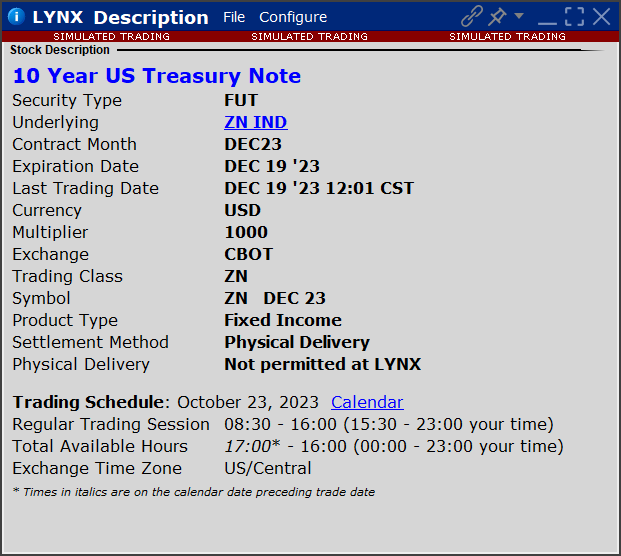 10 Year US Treasury Note: Specifika futures kontraktu