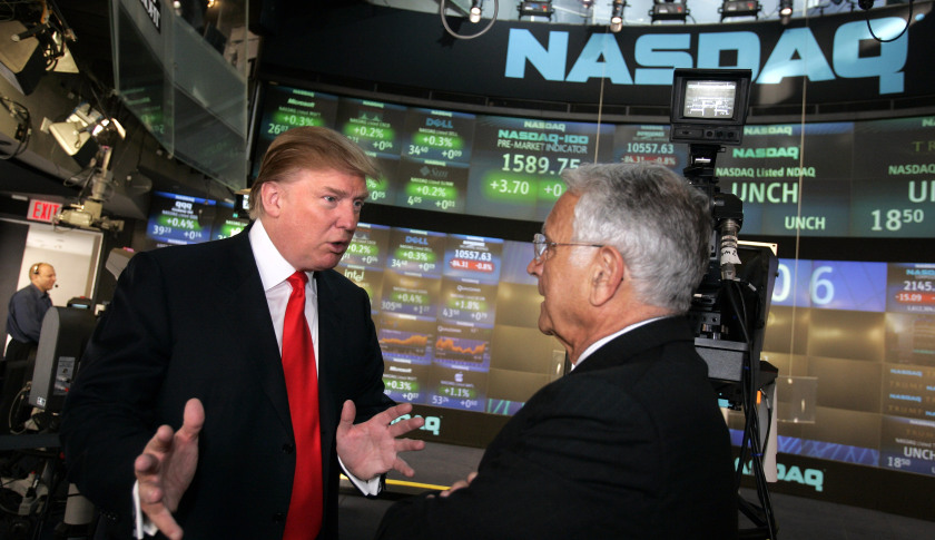NEW YORK - SEPTEMBER 20: Donald Trump (L) speaks with Frank Zarb, former CEO of the Nasdaq Stock Market, before opening the Nasdaq Market September 20, 2005 in New York City. Trump listed Trump Entertainment Resorts with Nasdaq. (Photo by Michael Nagle/Getty Images)